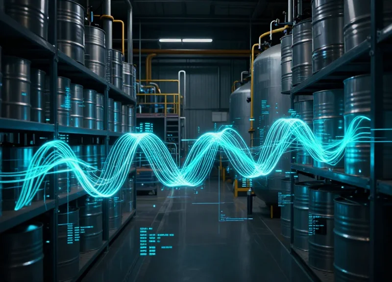 Abstract digital overlay of scanning waves over a chemical storage facility representing automation.