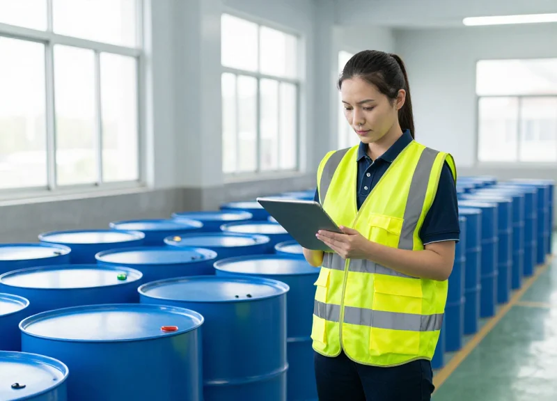 Safety manager checking digital records in a modern chemical warehouse facility.