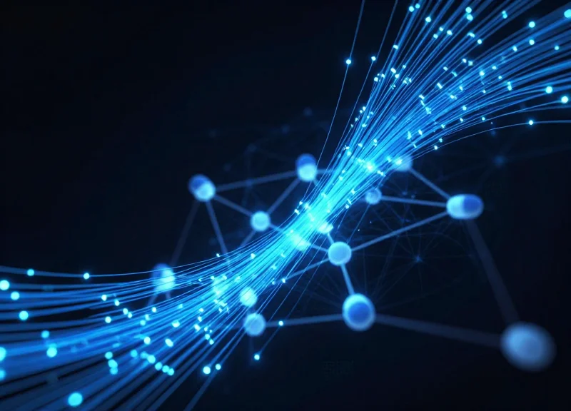 Futuristic data visualization of a digital pharmaceutical network.