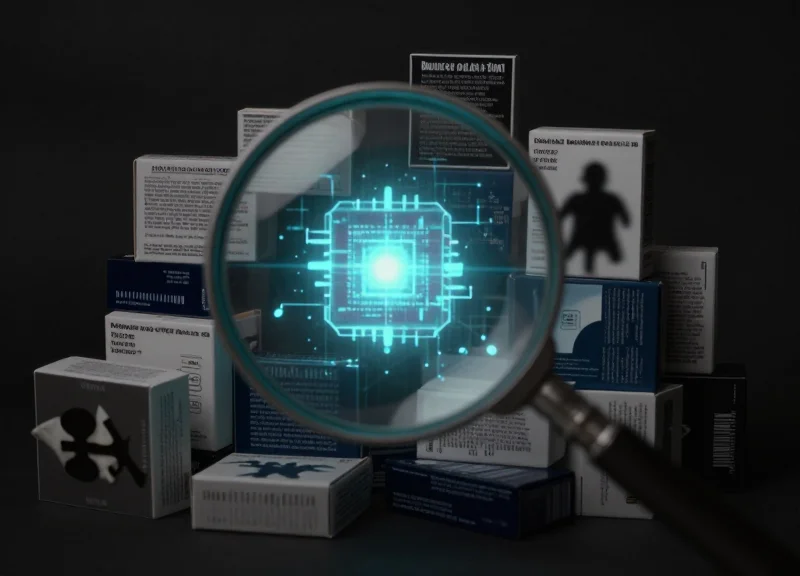 Surrealist art showing a magnifying glass revealing hidden digital patterns within an object to detect counterfeits.