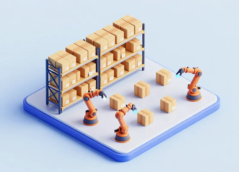 Isometric view of an automated warehouse transitioning items to RFID tracking.