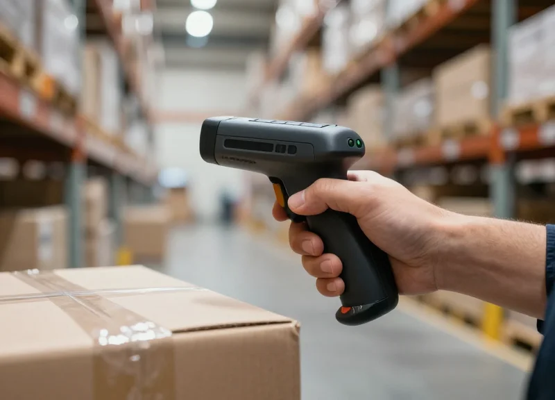 A close-up of an industrial RFID scanner being used on a package in a modern logistics hub.