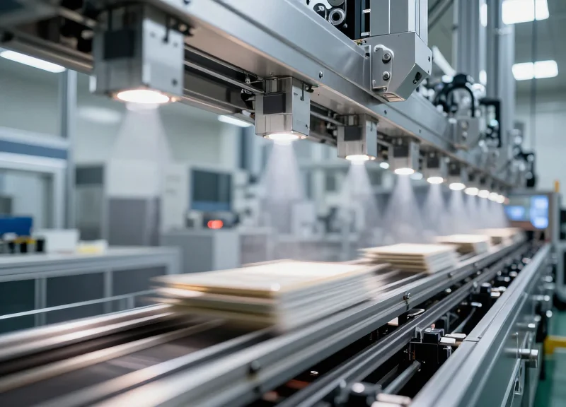 High-speed industrial production line with sensors monitoring products.