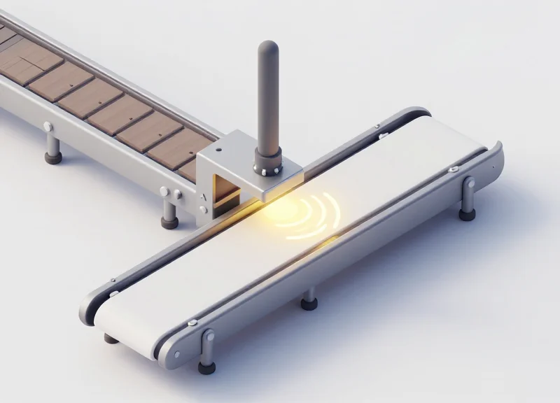 Isometric view of an RFID antenna mounted on a factory conveyor line