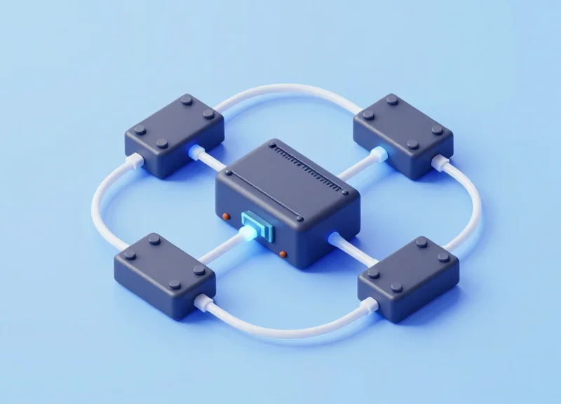 Isometric architecture showing the connection between RFID readers and a central PLC system