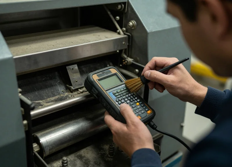 A technician performing maintenance on a dusty industrial RFID reader