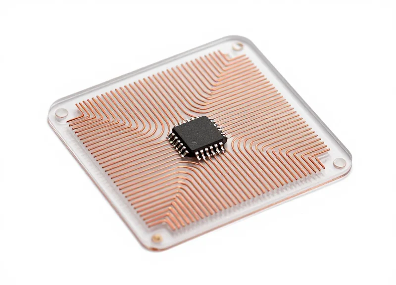 Close-up of a high-tech RFID inlay tag with visible copper antenna and microchip on a white background.
