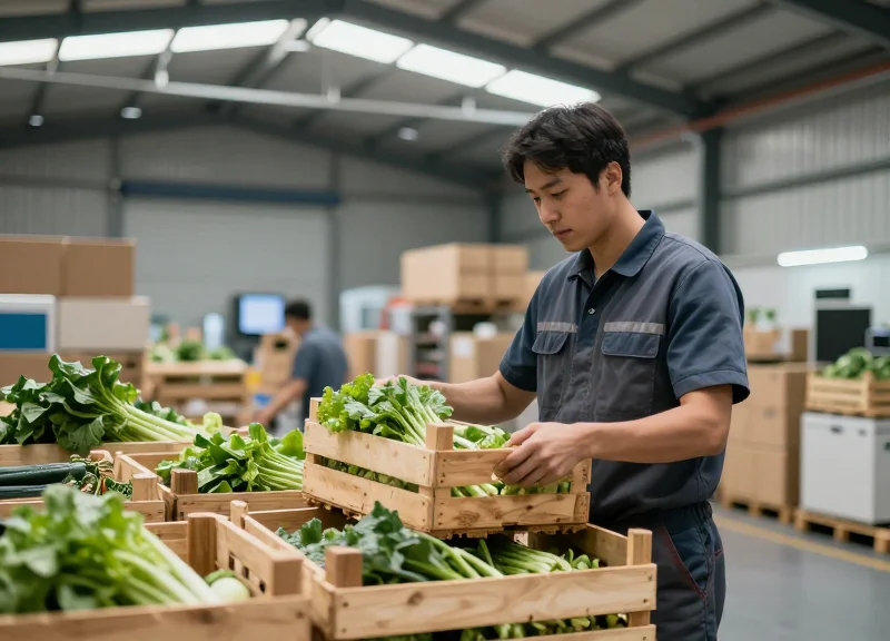 A worker in a logistics center scanning crates of fresh produce using a modern RFID scanner.