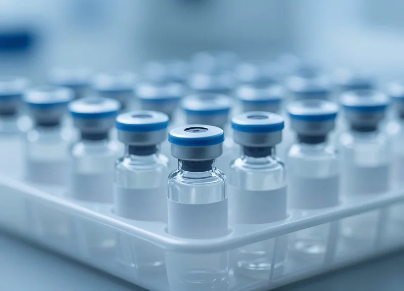 Vaccine vials in a cold storage tray with RFID labels attached, glowing under laboratory lights.