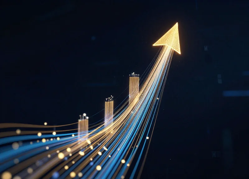 Abstract digital representation of ROI growth and efficiency using glowing nodes and upward trends.