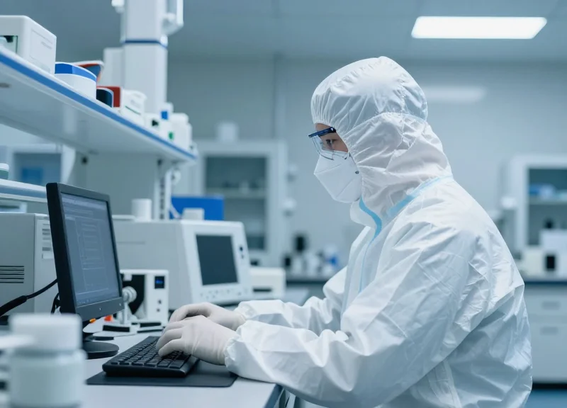 A professional technician in a full white cleanroom suit working with precision electronic components in a high-tech laboratory.