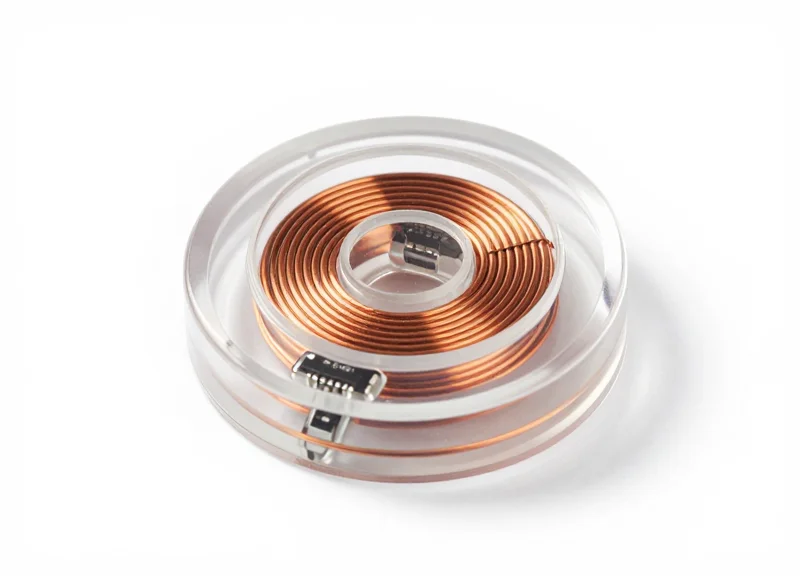 A high-precision industrial RFID tag with a smooth, transparent encapsulation showing internal circuitry on a white background.