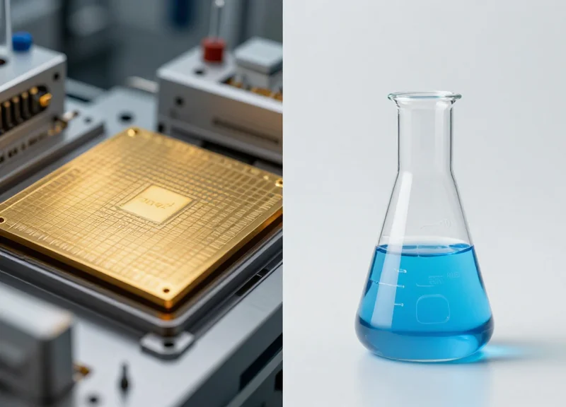 A split-screen comparison showing a silicon wafer on one side and a biological lab setting on the other side.