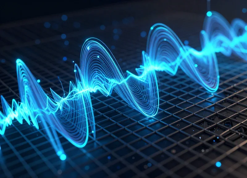 Abstract visualization of wireless signal waves passing through a complex metallic grid.