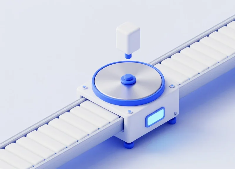 Isometric 3D view of a semiconductor FOUP wafer carrier on a high-tech conveyor line with a glowing identification sensor.