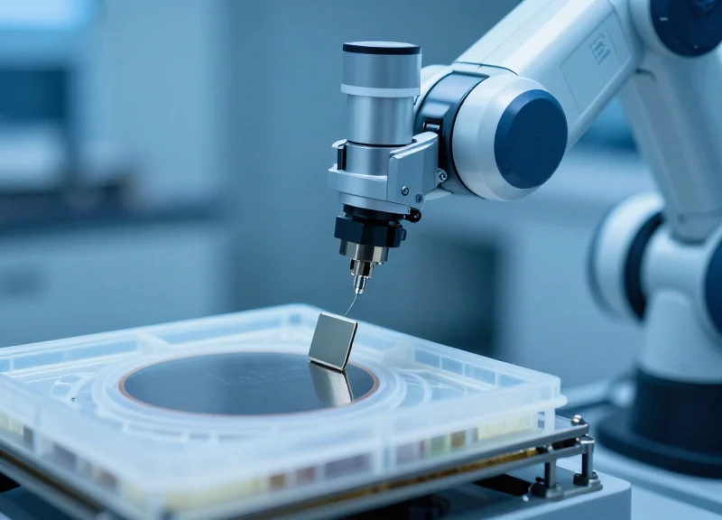 High-tech cleanroom environment with a robotic arm scanning an RFID tag on a wafer container.