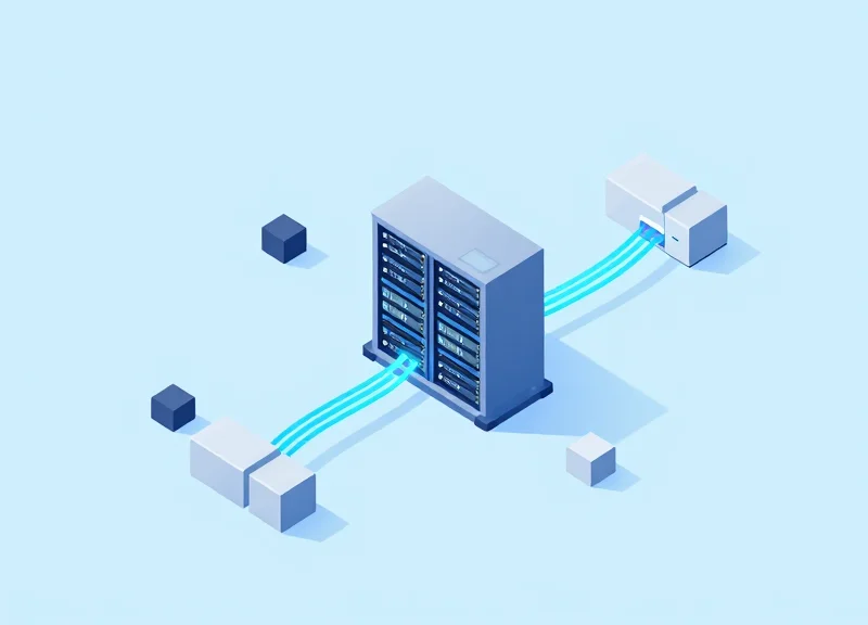 3D isometric model showing the integration between factory floor hardware and a central server system.