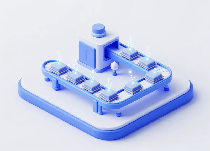 Isometric 3D illustration of a futuristic smart fab with wafer boxes and data nodes