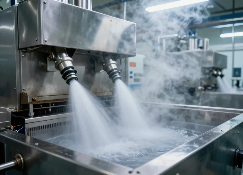 Industrial wafer box cleaning chamber with steam and water jets