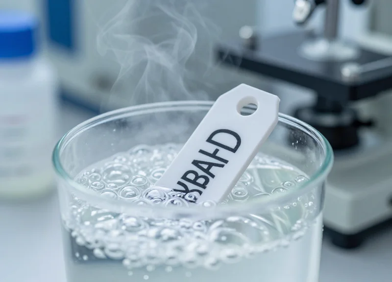 RFID tag undergoing chemical resistance testing in a lab