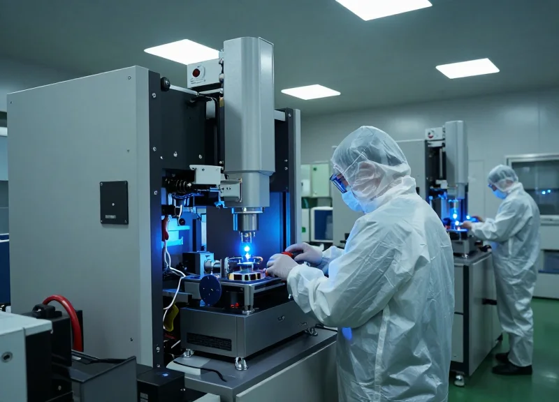A futuristic semiconductor cleanroom with technicians in bunny suits working with advanced automated machinery under blue cinematic lighting.