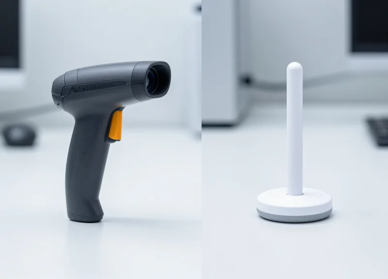 A side-by-side comparison of a traditional barcode scanner and a modern passive RFID reader in an industrial cleanroom setting.