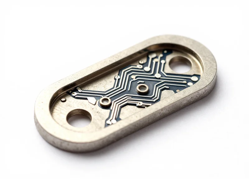 Macro shot of a specialized industrial passive RFID tag used in semiconductor manufacturing.