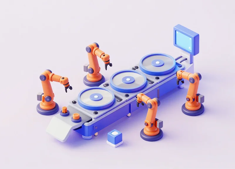 An isometric 3D view of an automated semiconductor production line with robotic arms and glowing RFID tracking sensors.