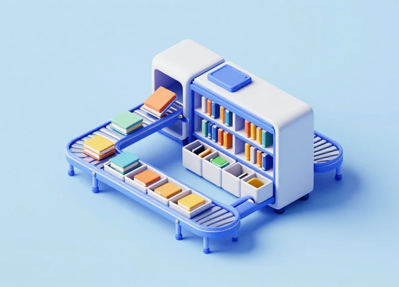 An isometric 3D model of a library's automated material handling system with conveyor belts and sorting bins.