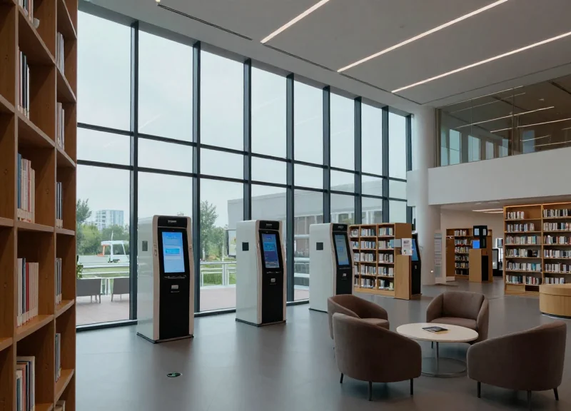 A wide angle shot of a modern library with high ceilings, digital interfaces, and people reading in a clean, sunlit environment.
