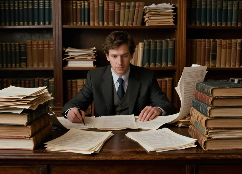 Surrealist illustration of a desk buried under disorganized books and papers, symbolizing the weight of manual inventory labor.