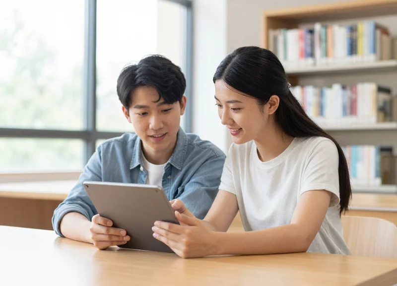 A librarian assisting a student with a digital tablet in a bright, contemporary library setting.