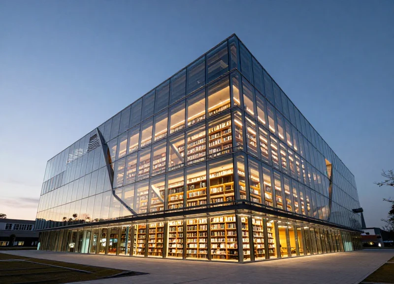 A cinematic view of a futuristic glass library building at night with innovative architectural lighting.