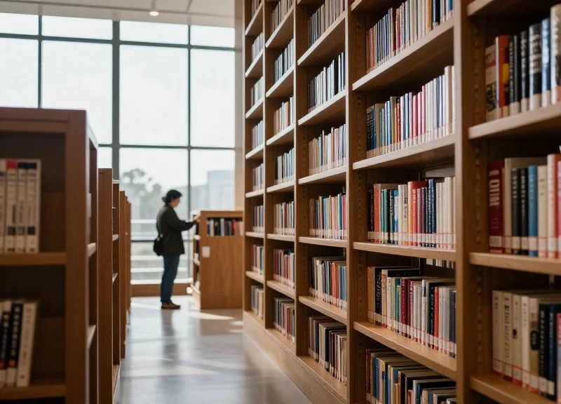 A modern library environment with a person browsing books on sleek shelves, emphasizing a clean and advanced atmosphere.