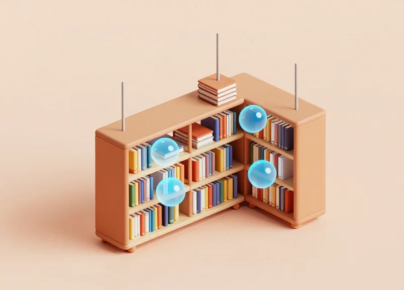 Isometric 3D view of library shelves with glowing circular zones representing antenna signal coverage.