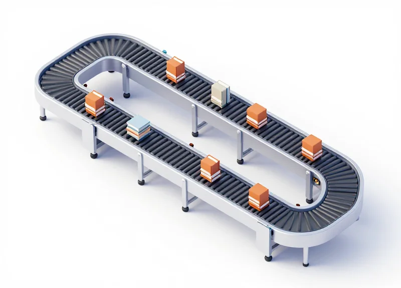 Isometric 3D model of an automated book sorting conveyor system.
