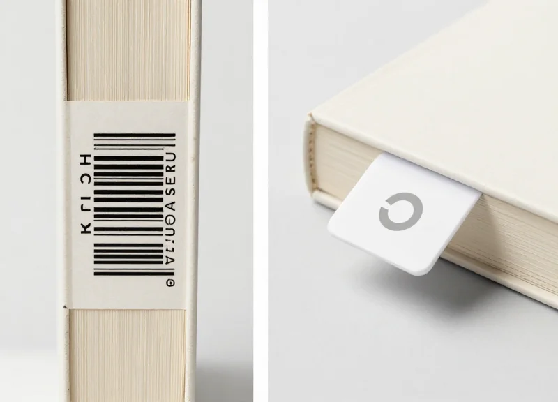 A side-by-side comparison of a traditional paper barcode and a modern RFID tag on a book.