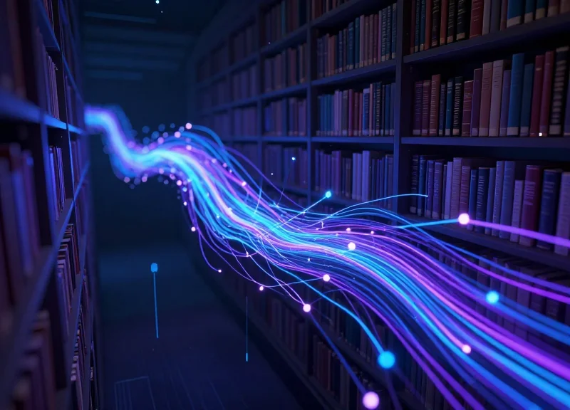 Abstract digital nodes and data streams representing AI library inventory management.