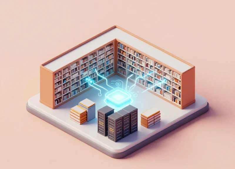 A 3D isometric model of a library building being mapped into a digital twin network.