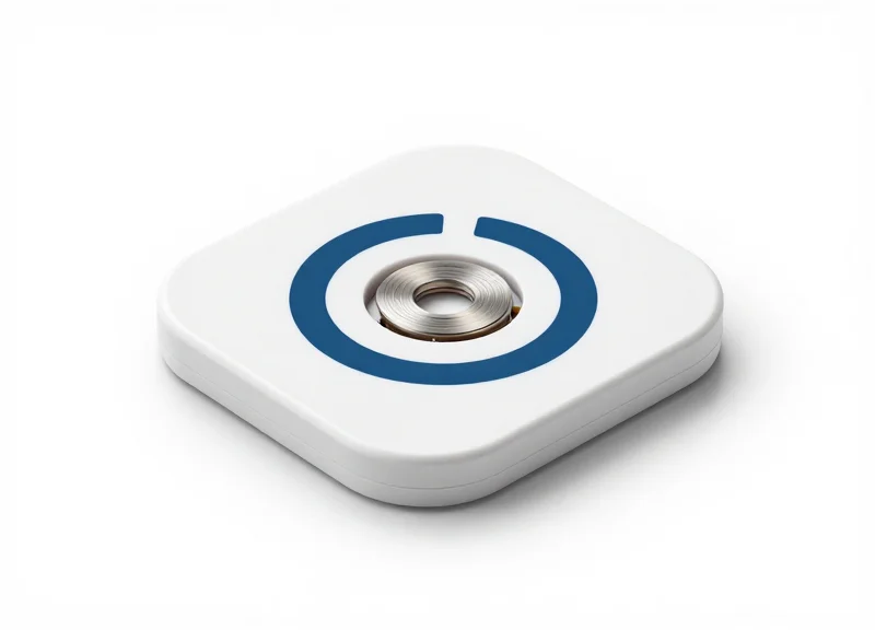 A macro shot of a sleek modern RFID tag on a pure white background.