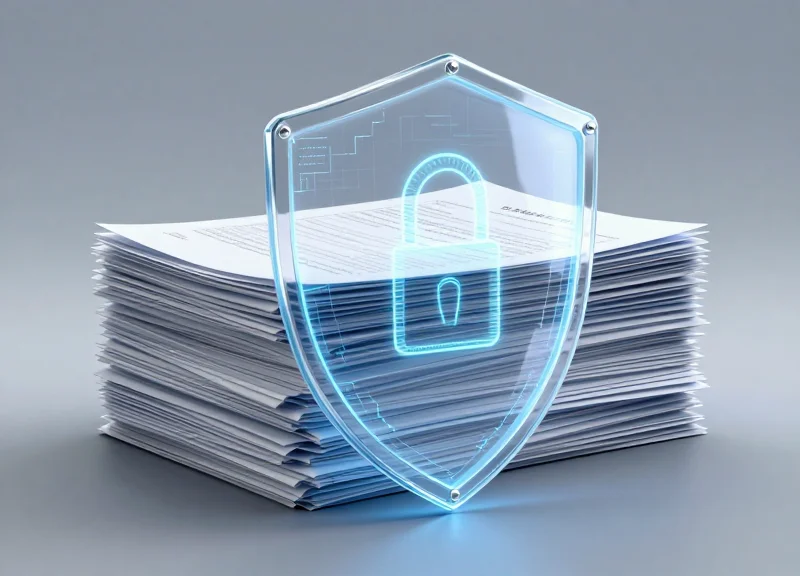 A glowing digital shield protecting a stack of sensitive legal files.
