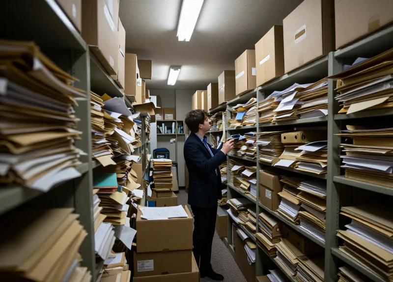 A cluttered government archive room with massive stacks of paper documents and a stressed office worker searching through folders