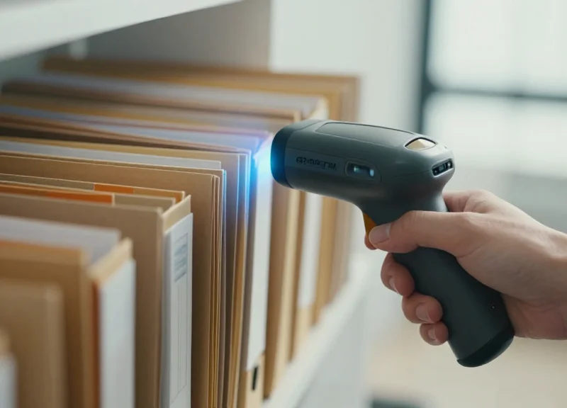 Close-up of a hand using a handheld RFID scanner to scan a row of organized legal files in a modern office
