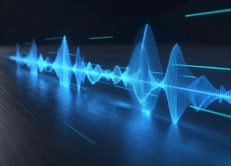 Abstract visualization of RFID signals interacting with a metal surface.