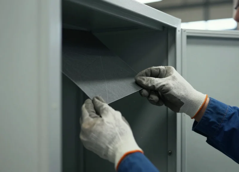 Technician applying electromagnetic shielding material inside a cabinet.