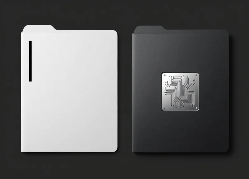A side-by-side comparison of a traditional archive folder with a simple line-pattern sticker versus a modern folder with an embedded micro-chip circuit.