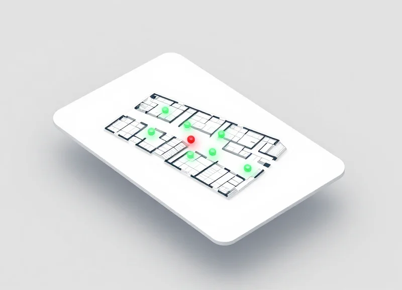 An abstract digital dashboard showing a 3D floor plan with several glowing alert icons and file locations.