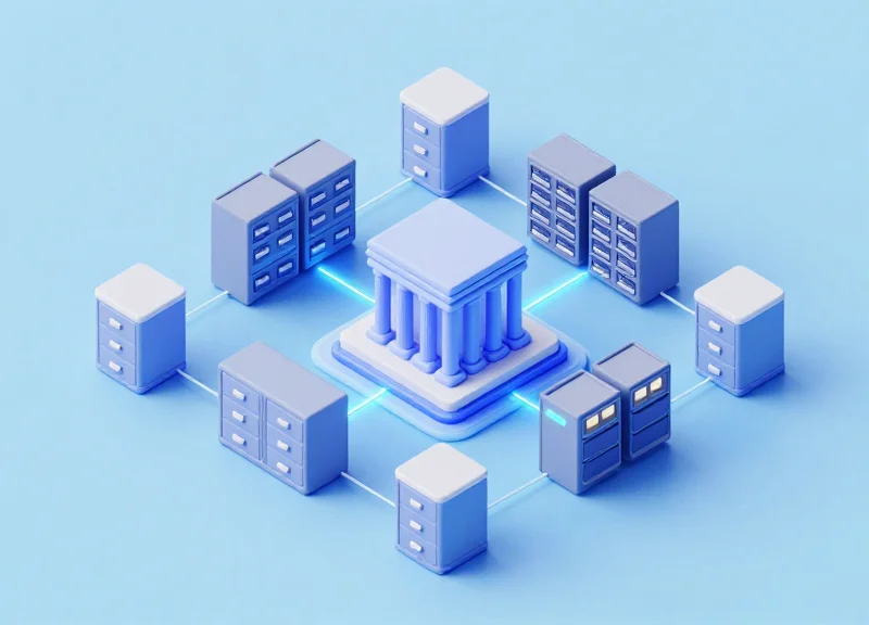 An isometric 3D view of a bank building connected by digital data lines to storage servers and file cabinets.