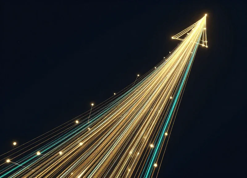 An abstract 3D visualization showing a bright glowing trend line moving sharply upwards through a field of data nodes.