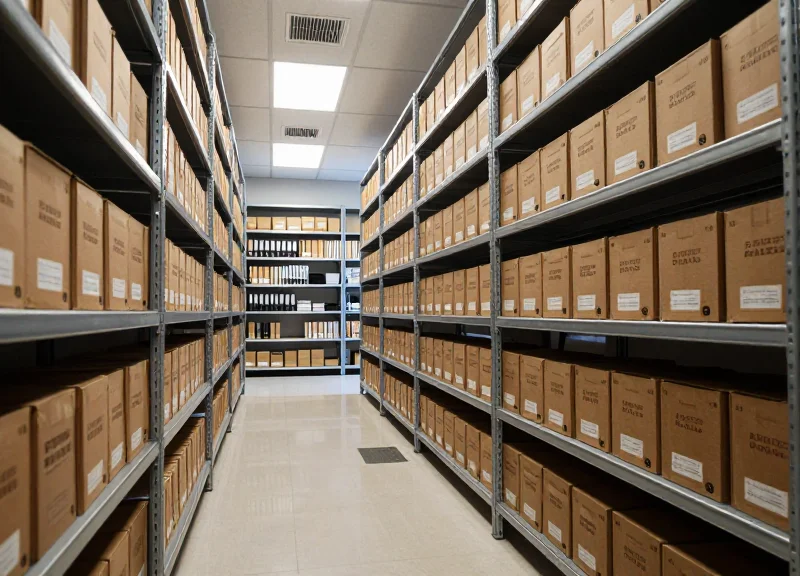 A wide-angle photorealistic view of a modern, high-security bank archive room with sleek metallic shelving and perfect organization.